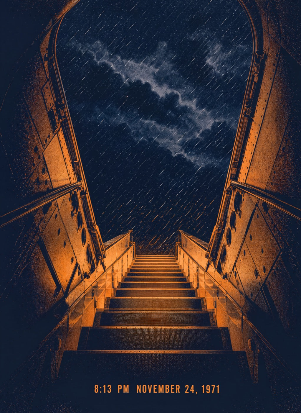 Illustration looking up the open aft airstair of a Boeing 727 into black rain and cloud, captioned 8:13 PM November 24 1971.