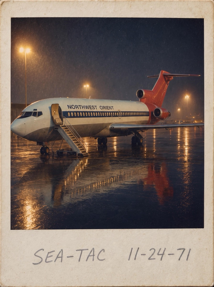 Polaroid of a Northwest Orient Boeing 727 on a wet night ramp with the forward airstair down, captioned Sea-Tac 11-24-71.