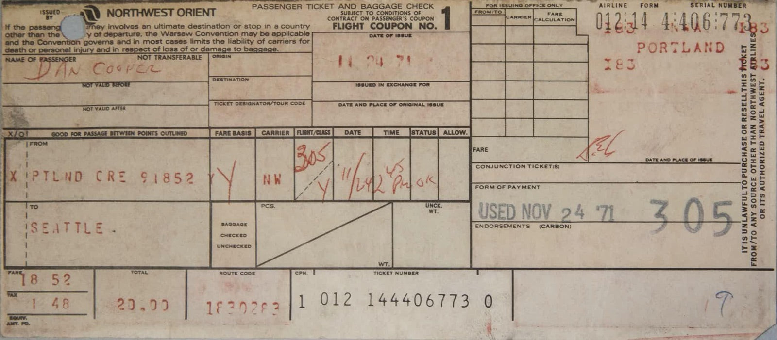 Passenger ticket and baggage check, Northwest Orient flight 305, Portland to Seattle, issued November 24 1971 to Dan Cooper.