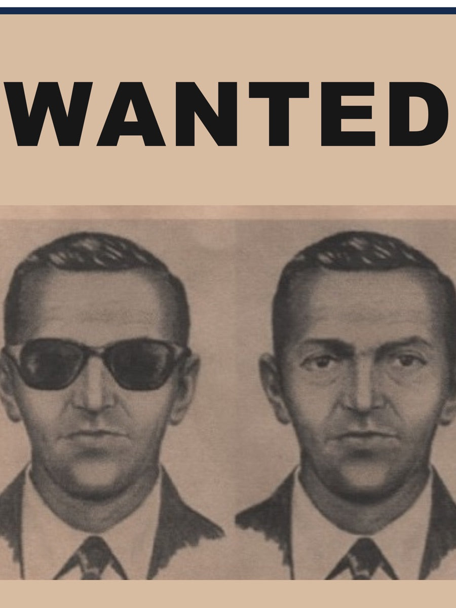 Wanted sticker with the two composite sketches of the hijacker, in sunglasses and without.