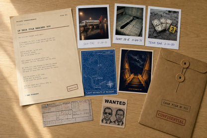Case File No 001 — all eight pieces laid out: founder letter, three evidence Polaroids, route map, aft-stairs artwork, ticket facsimile, WANTED sticker, string-tie envelope