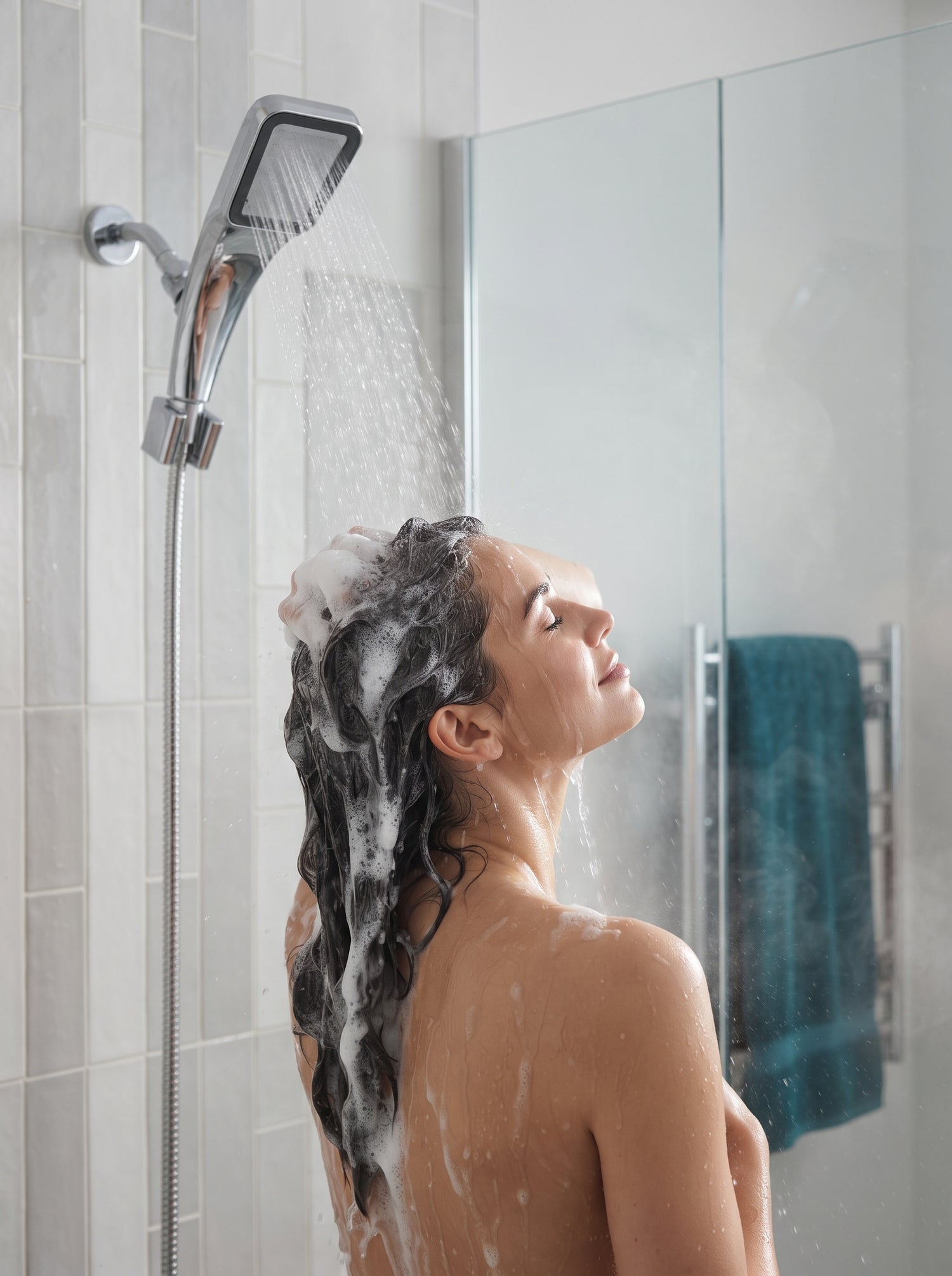 Rinsing thick shampoo fast under dense spray